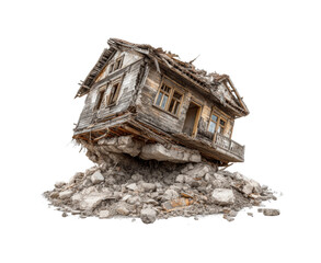 Devastating earthquake destroys old house on rocky ground urban landscape hdr isolated on transparent background, png