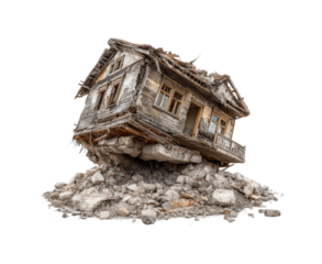 Devastating earthquake destroys old house on rocky ground urban landscape hdr isolated on transparent background, png