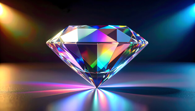 Brilliant cut diamond sparkling with colorful rainbow light. This precious luxury gemstone jewel reflects vibrant spectrum on dark background, evoking elegance and value
