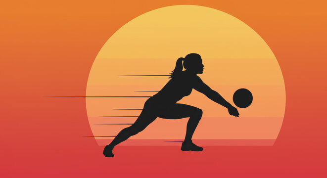 Volleyball player silhouette against sunset, digital sports illustration with motion blur effect