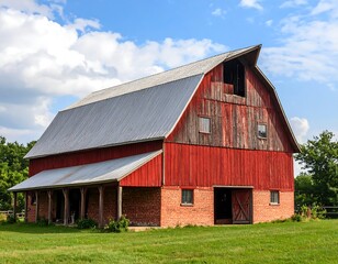 Obraz premium Red barn in a field under a partly cloudy sky