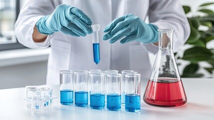 Fototapeta premium A hand in blue gloves carefully holds a test tube filled with liquid while surrounded by other glassware on a laboratory desk