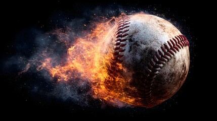 Fiery baseball in motion against a black background.