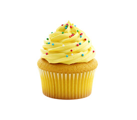Yellow cup cake isolated on white background.