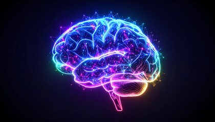 Futuristic glowing brain represents human intelligence, neuroscience, and technology. An abstract digital mind and network concept for innovation, data processing, and creativity
