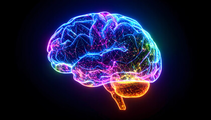 Glowing neon colorful brain representing human mind, intelligence, and creativity. futuristic technology concept for artificial intelligence and creative thought