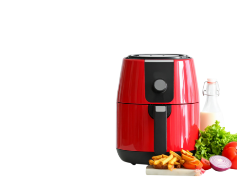 Lifestyle Image of Red and Black Air Fryer in Use with Fresh Fries