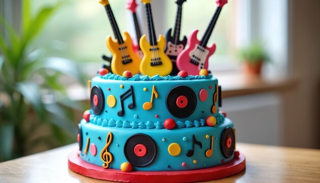 Two-tiered blue cake decorated with guitars, records, musical notes. Vibrant colors, fun design perfect for rock, roll themed birthday party celebration. Features fondant decorations, frosting