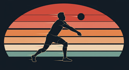 Obraz premium Dynamic volleyball player silhouette against a retro sunrise design with speed lines