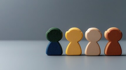 Colorful wooden toy figures display speech bubbles, representing interactive communication and collaboration in a modern social media environment