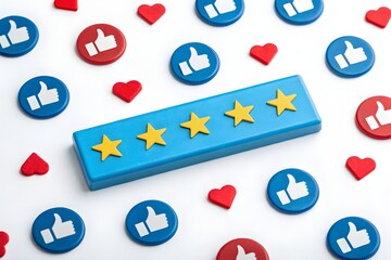 A five-star bar among social media likes. Social validation, high ratings and quality recognition. Customer review metrics in digital marketing.