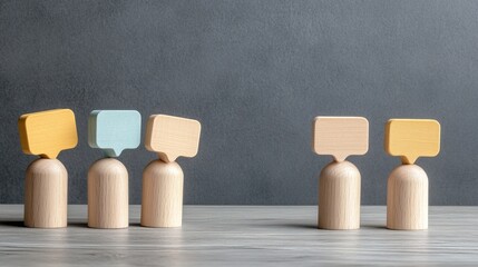 Colorful wooden toy figures display speech bubbles, representing interactive communication and collaboration in a modern social media environment