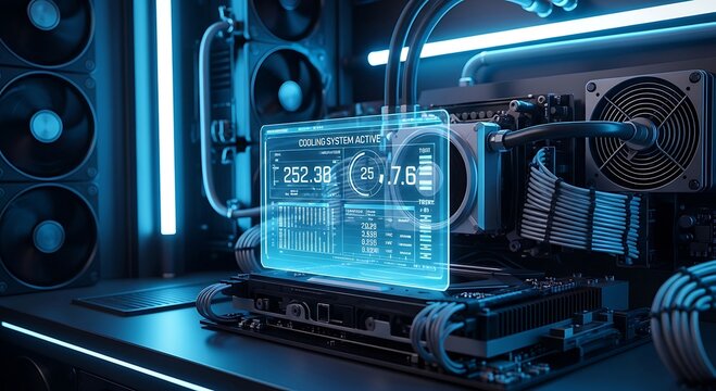 Futuristic computer internals with active liquid cooling and a vibrant holographic system monitor display