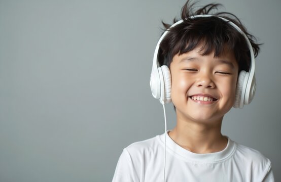 Young Asian boy smiles, eyes closed, wearing white headphones, enjoying music. Peaceful expression shows relaxation, happiness, childhood innocence. Studio portrait captures youth, audio technology