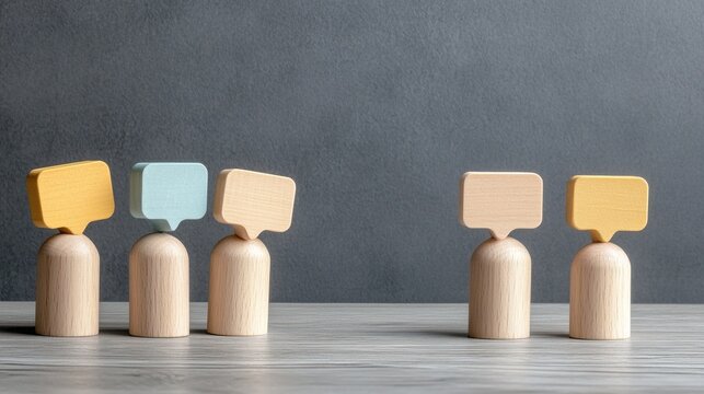 Colorful wooden toy figures display speech bubbles, representing interactive communication and collaboration in a modern social media environment