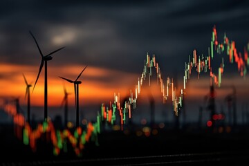 Oil Price Increase Graph With Wind Turbines at Sunset in the Background