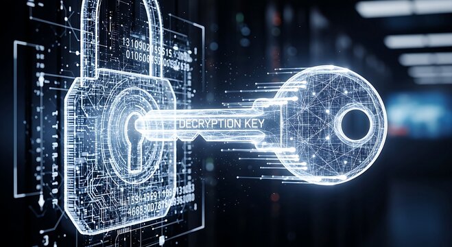 Futuristic digital key and lock graphic depicts the intricate process of data decryption and cyber defense.
