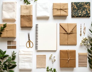 Stylish flat lay of gift wrapping essentials.