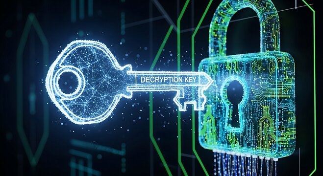 Glowing circuit patterns illuminate a decryption key approaching a secure digital padlock.