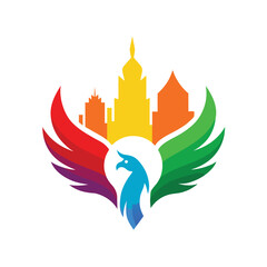 Rainbow colored phoenix rising over a shining city vector art illustration