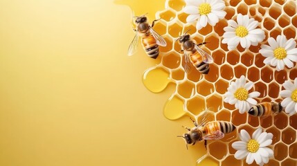 Honey drips down the honeycomb as bees buzz around white flowers set against a vibrant yellow background, showcasing nature's bountiful food source