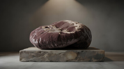 A dark purple oval shaped shiny object on a flat stone illuminated by a spotlight
