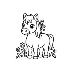 Adorable Cartoon Pony in a Field - Line Art Illustration