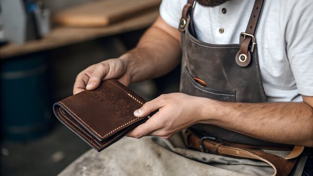 Skilled craftsman in apron holding handmade leather wallet, showcasing artisan skills, craftsmanship, and timeless handmade accessory creation