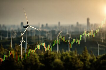Oil Price Increases Represented by a Rising Graph Alongside Wind Turbines at Sunset