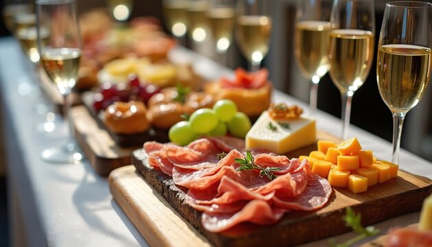 Luxurious charcuterie board with prosciutto, cheese cubes, grapes, small bites. Champagne flutes filled with bubbly wine suggest celebration special event. Perfect for catering, parties, gourmet food