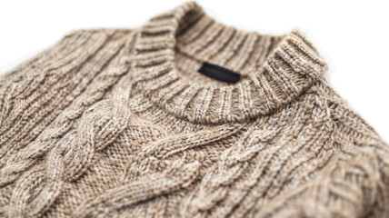 Fototapeta premium Soft alpaca blend cable knit sweater with a ribbed collar, isolated on a white background. Perfect for fashion and apparel themes.