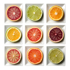 Fototapeta premium Assorted Citrus Fruit Slices - Vibrant Blood Orange and Lime Slices on White Background