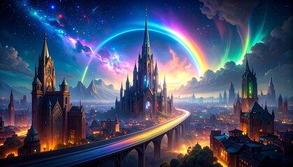 Obraz premium Fantasy Cityscape with Rainbow, Bridge, and Illuminated Castle Under Starry Sky