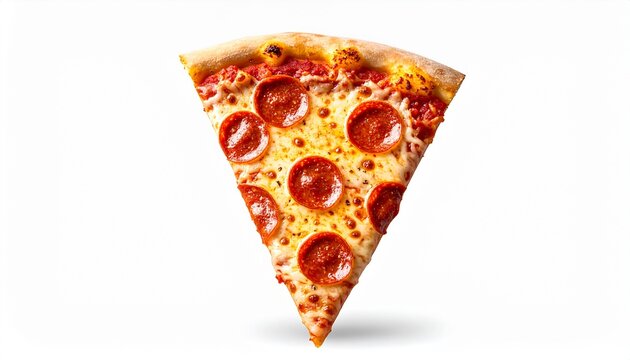 A delicious slice of classic pepperoni pizza, featuring melted mozzarella cheese and savory cured meat, isolated on a crisp white background, highlighting its tempting appeal