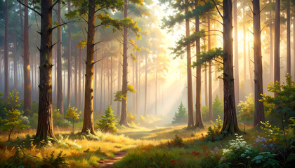 Fototapeta premium Serene forest landscape with warm sunlight streaming through trees. Light mist hangs in air over tranquil path in nature, creating peaceful and magical scene
