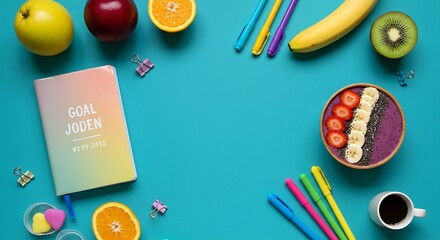 Bright top-view of a vibrant desk scene with a rainbow of fresh fruits, a neon-colored goal journal, multicolored pens, and a smoothie bowl with chia seeds. High contrast colors on a turquoise backgro