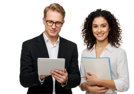 Professional business colleagues, a man using a digital tablet and a woman with a folder, isolated on white.