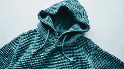 A soft teal hoodie with a waffle-knit texture, isolated on a white background. Perfect for casual wear, fashion, and comfort themes.