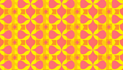 Cheerful retro floral seamless pattern background, groovy pop art style. Vibrant geometric design in yellow, pink and orange for wallpaper, fabric, funky vintage texture