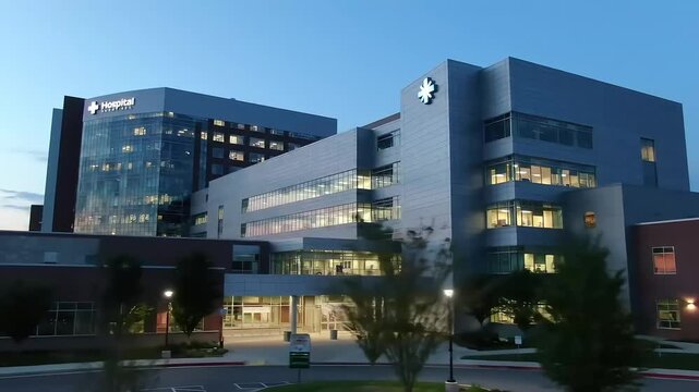 Modern hospital building with illuminated windows during twilight with exterior lighting and urban surroundings