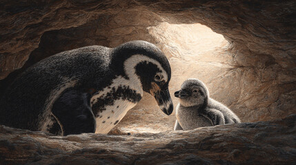 Obraz premium Humboldt Penguin with Chick in Nesting Cave Wildlife Portrait