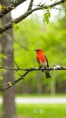Red bird on branch in park