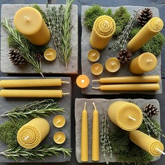 An overhead shot showcasing various handcrafted beeswax candles with natural decorative elements.