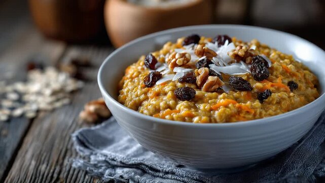 Hearty carrot oat porridge topped with raisins, coconut flakes, and walnuts on a rustic wood backdrop.