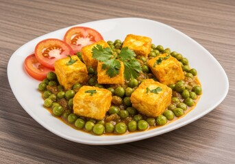 Fototapeta premium Delicious indian paneer and peas curry with tomato garnish