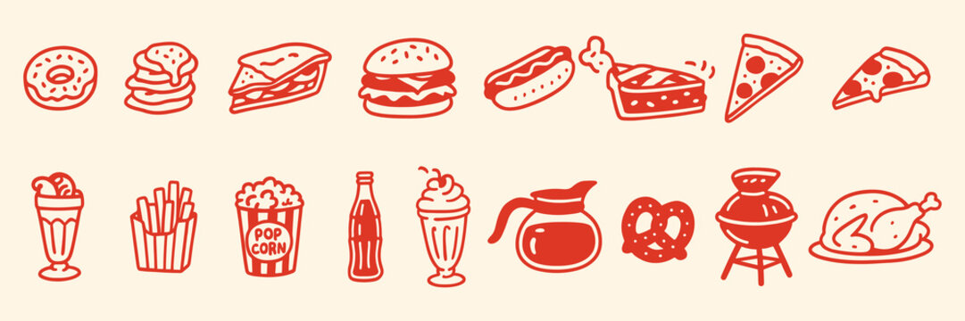Pixel Art Fast Food Icon Set. Red 8-bit vector illustration of a burger, pizza, and hot dog. Retro video game graphic clipart of classic American junk food. Diner food sprite collection.