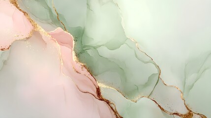 Abstract Alcohol Ink Background with Rose Pink, Sage Green, and Glistening Gold Glitter Accents