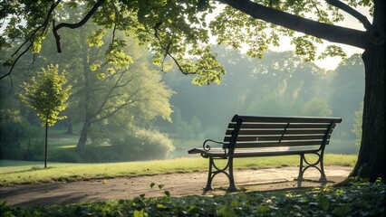 Naklejka premium Back view of wooden park bench under natural daylight, peaceful outdoor seating in green landscape public park for relaxation and leisure.