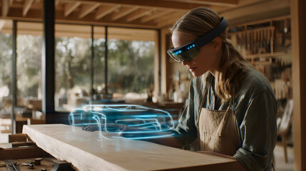 Female carpenter wearing augmented reality headset designing futuristic car prototype using holographic projection in modern carpentry workshop