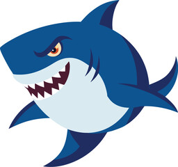 Cartoon shark with sharp teeth and angry expression isolated on white background